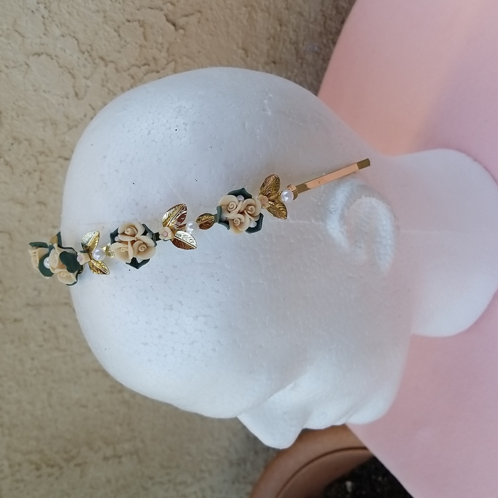 Flower Gold Leaf Pearls Tiera Headband Headpiece